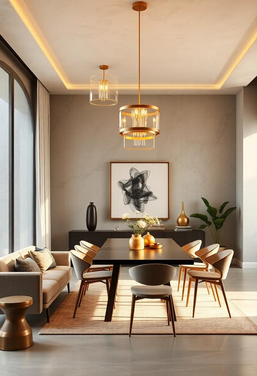 Golden Chandeliers Casting a Radiant Light Over a Minimalist Modern Dining Room Setting