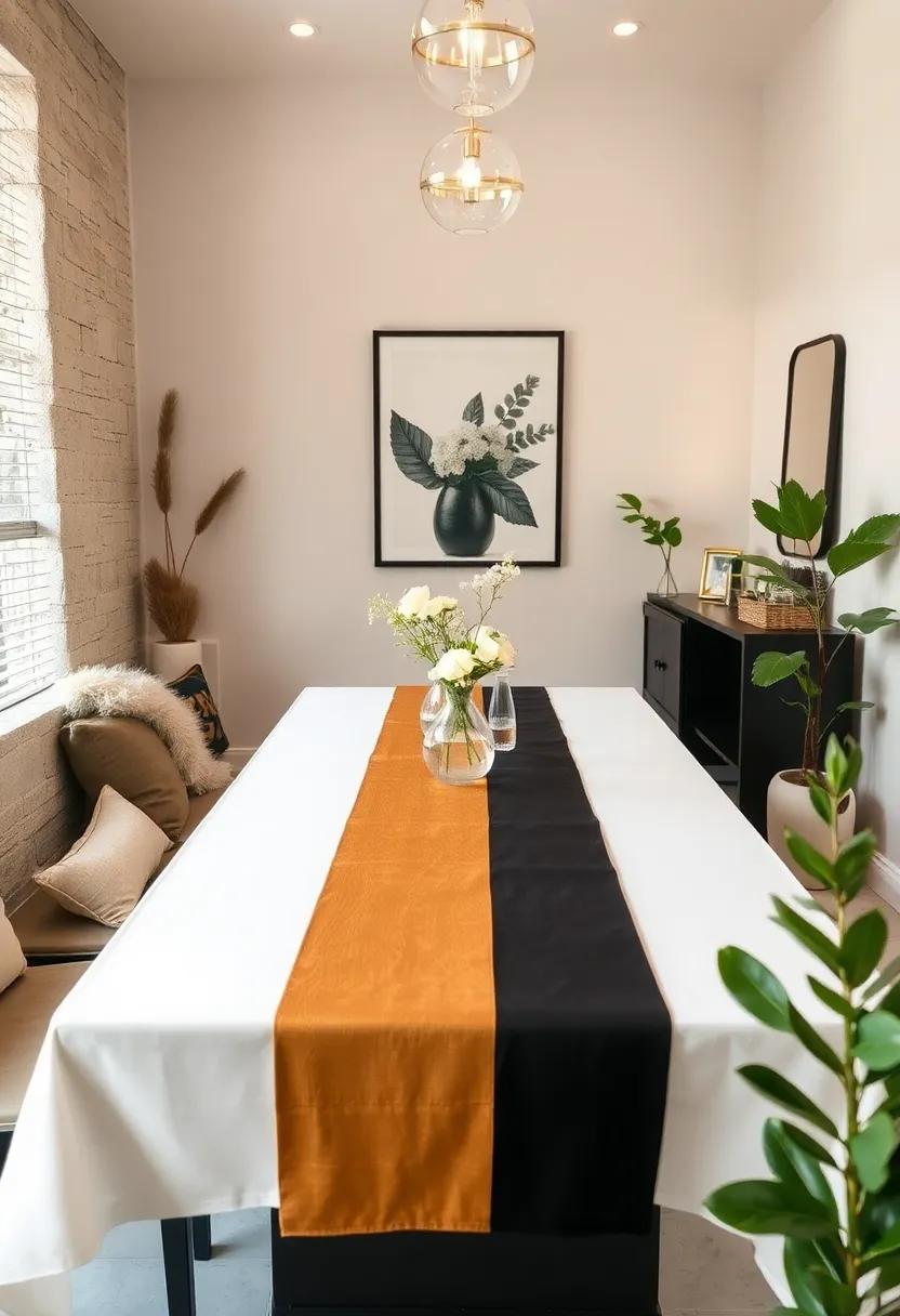 A Sleek Black and Gold Table Runner Complementing Crisp White Linen in a Cozy Dining Nook