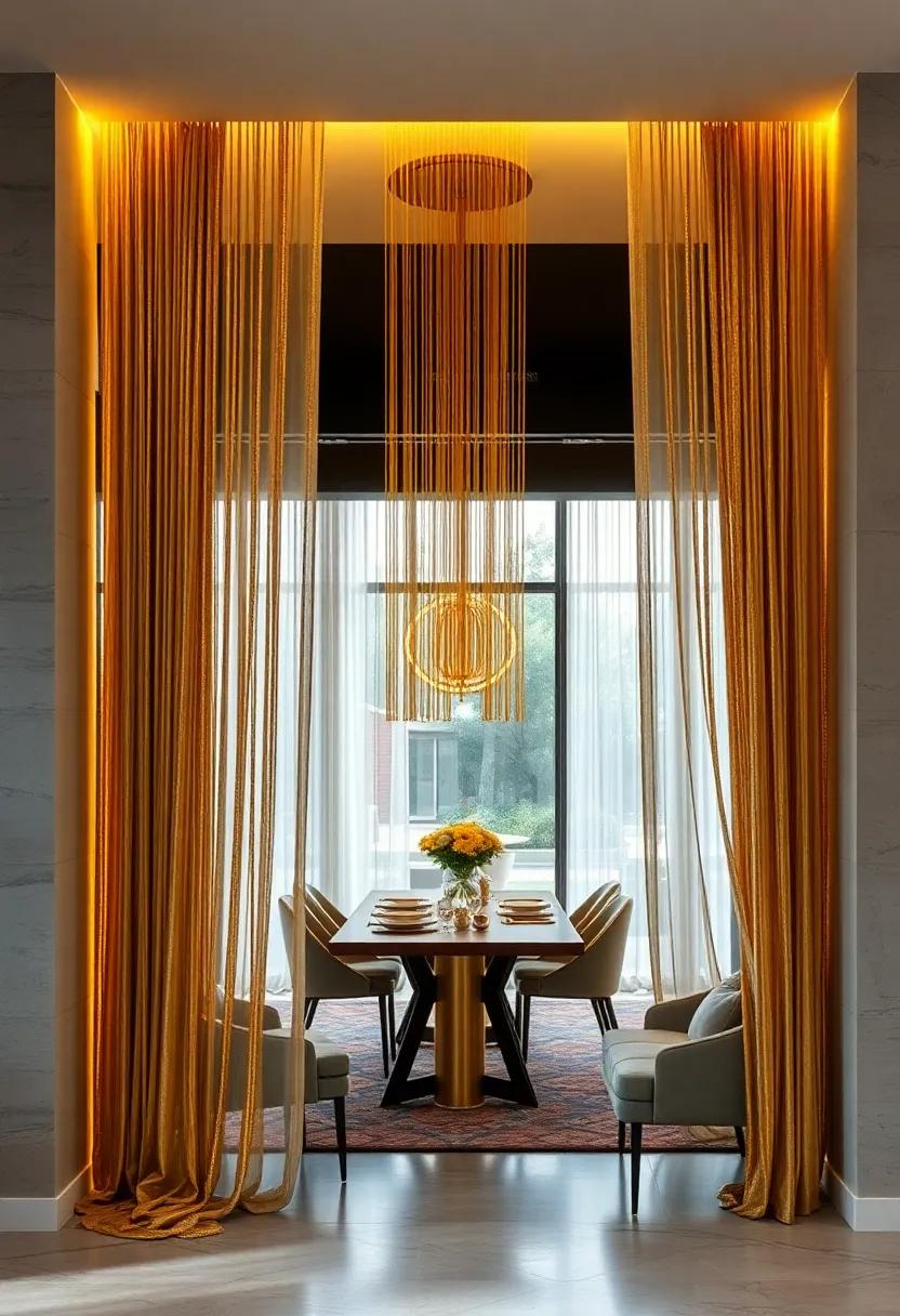 A Cascade of Gold Beaded Curtains Creating an Opulent Entrance to a Stylish Dining Area