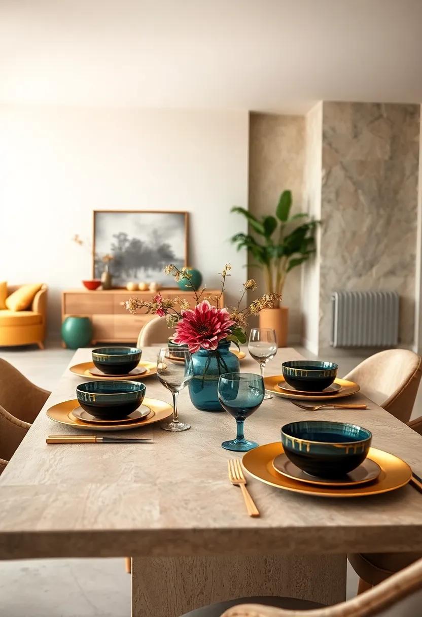 A Contemporary Table Setting with Matte Gold Chargers and Deep Jewel-tone Dinnerware in a Bright Space