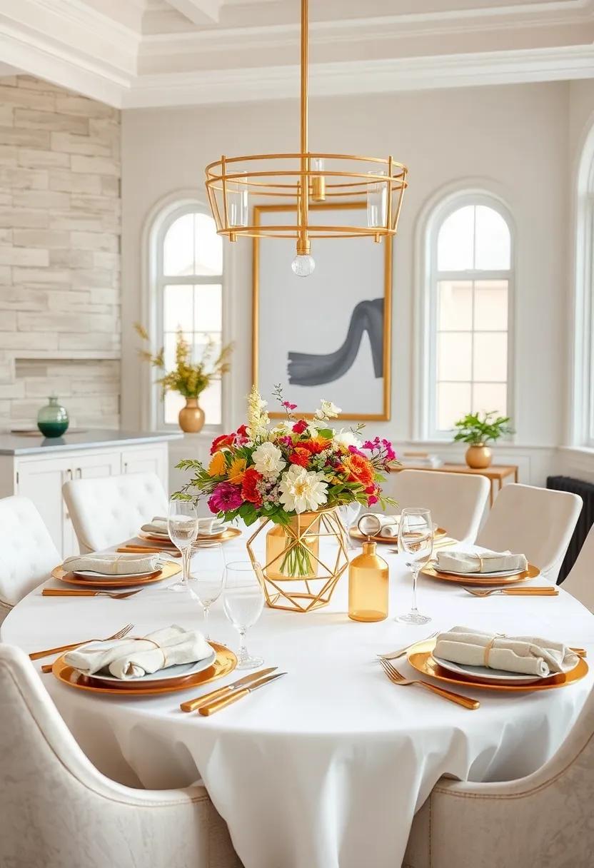Gold Geometric Centerpieces Brimming with Seasonal Blooms on a Crisp White Tablecloth Spread