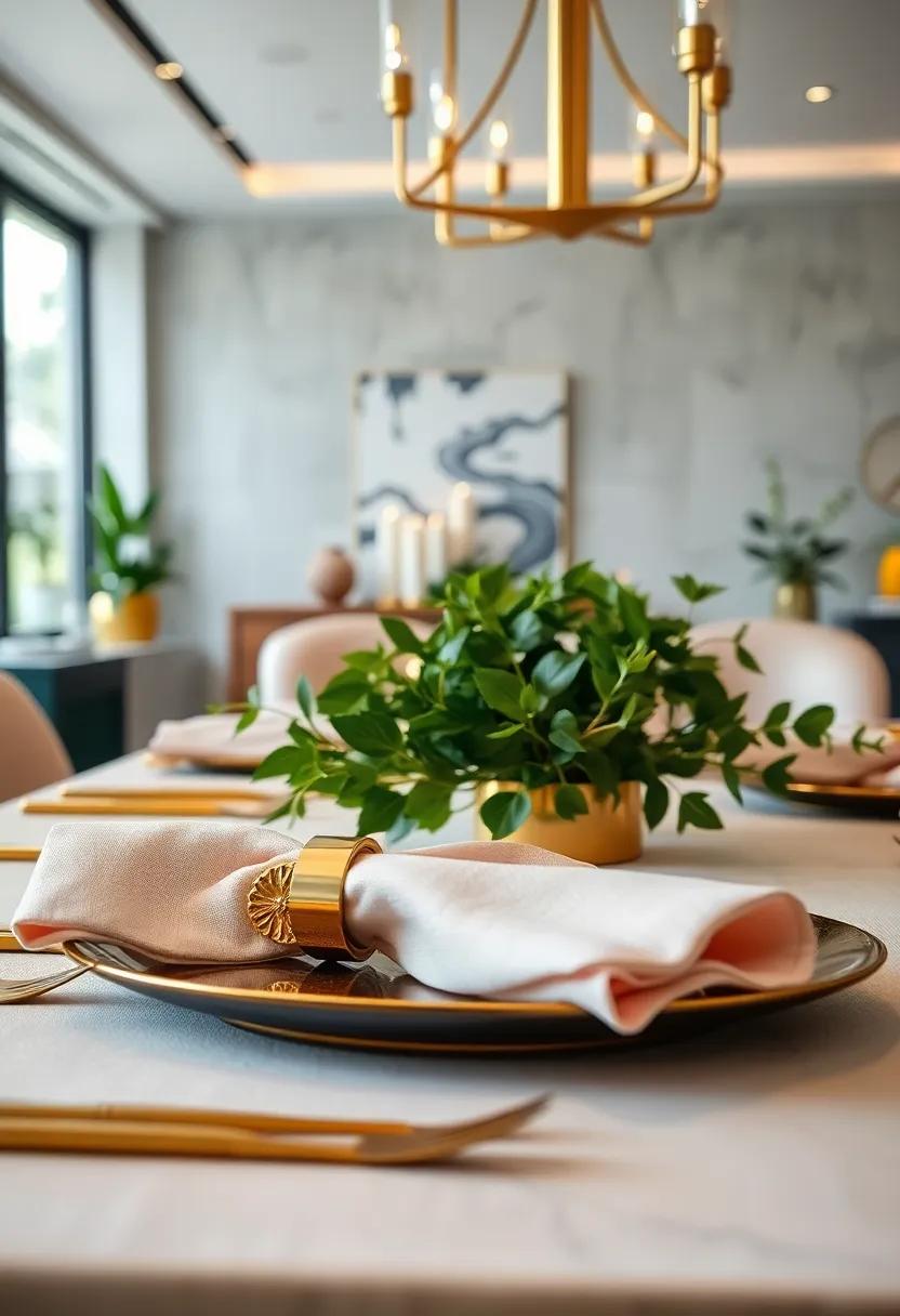The Intricacies of Gold Embossed Napkin Rings Complementing Soft Pastel Table Linens and Fresh Greenery