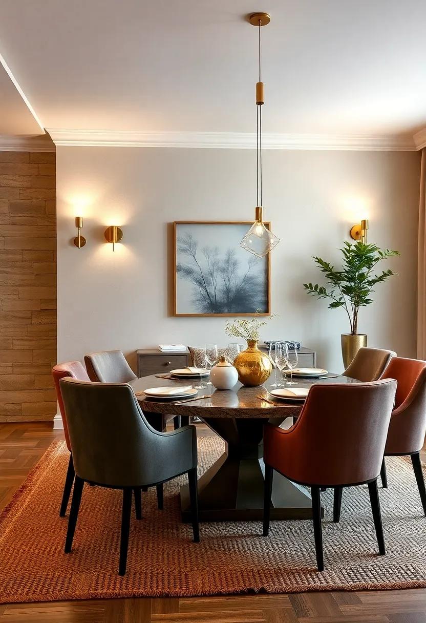 Golden Wall Sconces Illuminating a Warm, Earthy Textured Dining Room with Natural Fiber Rugs