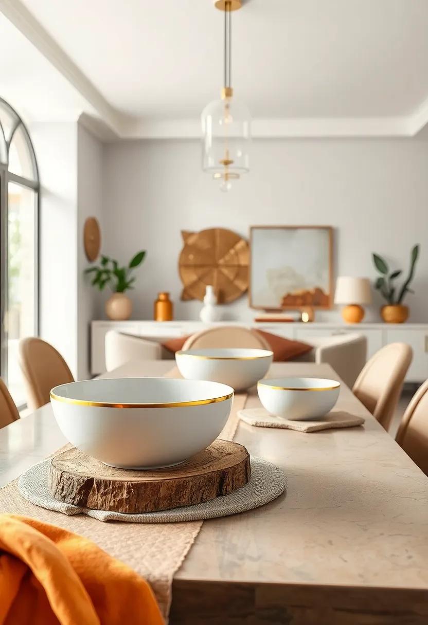 Delicate Gold Stripes Along White Ceramic Bowls with Rustic Wooden Accents and Earthy Textiles