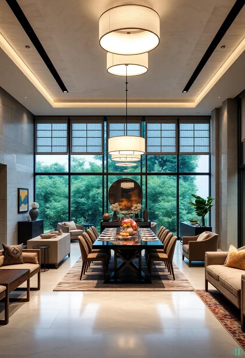 Soft Diffused Radiance From Fabric Drum Shades Creating Inviting Intimacy In Spacious Dining Areas