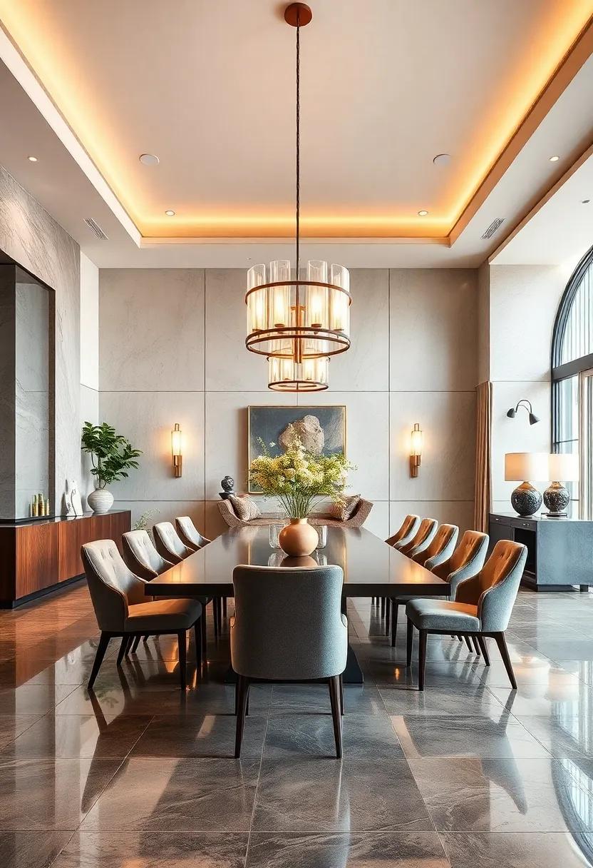 Reflective Surfaces Mirroring Statement Light Sculptures To Amplify Grandeur In Dining Room Design