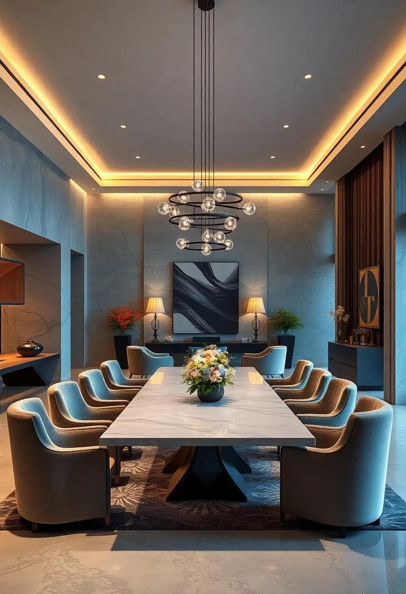 Monochrome Lighting Themes Enhancing The Texture And Form Of Sculptural Furniture In Grand Dining Rooms