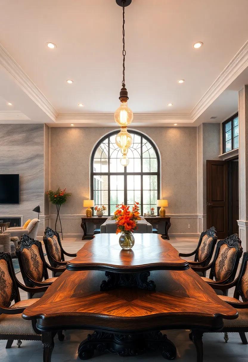 Warm Glow Ambiance Created By Vintage Edison Bulb Fixtures Hanging Over Ornate Wooden Dining Surfaces