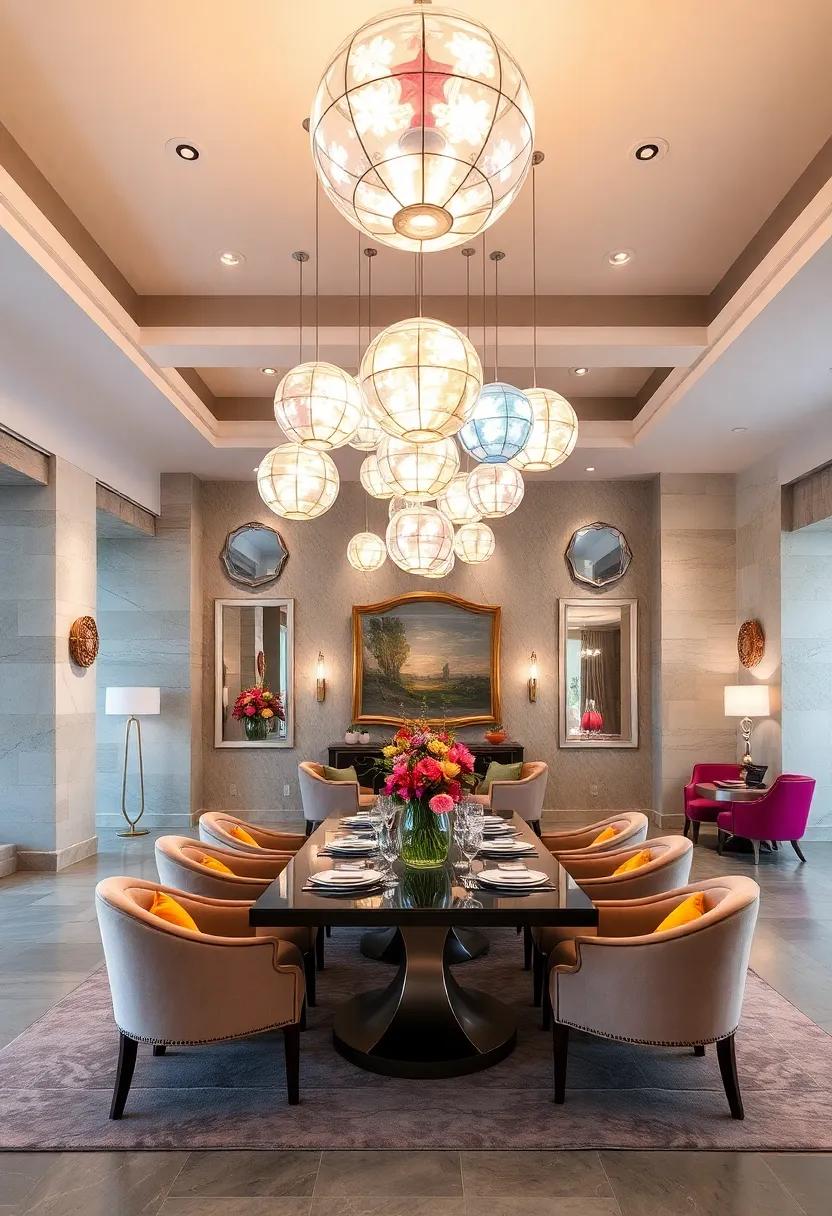Art Deco Inspired Glass Globe Lights Showering A Kaleidoscope Of Colors Over Stylish Dining Ensembles