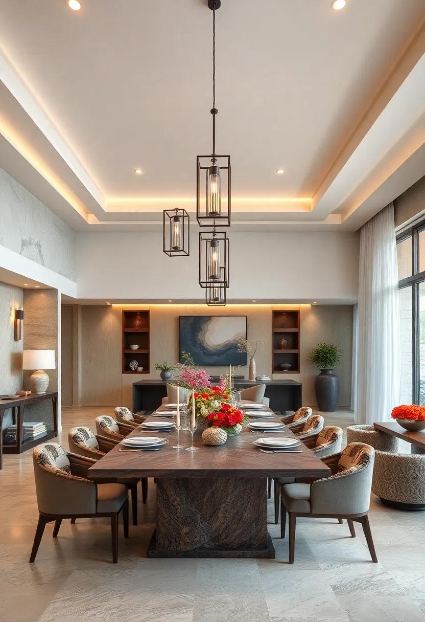 Floating Lantern Arrangements Suggesting Airy Sophistication Above Expansive Contemporary Tables