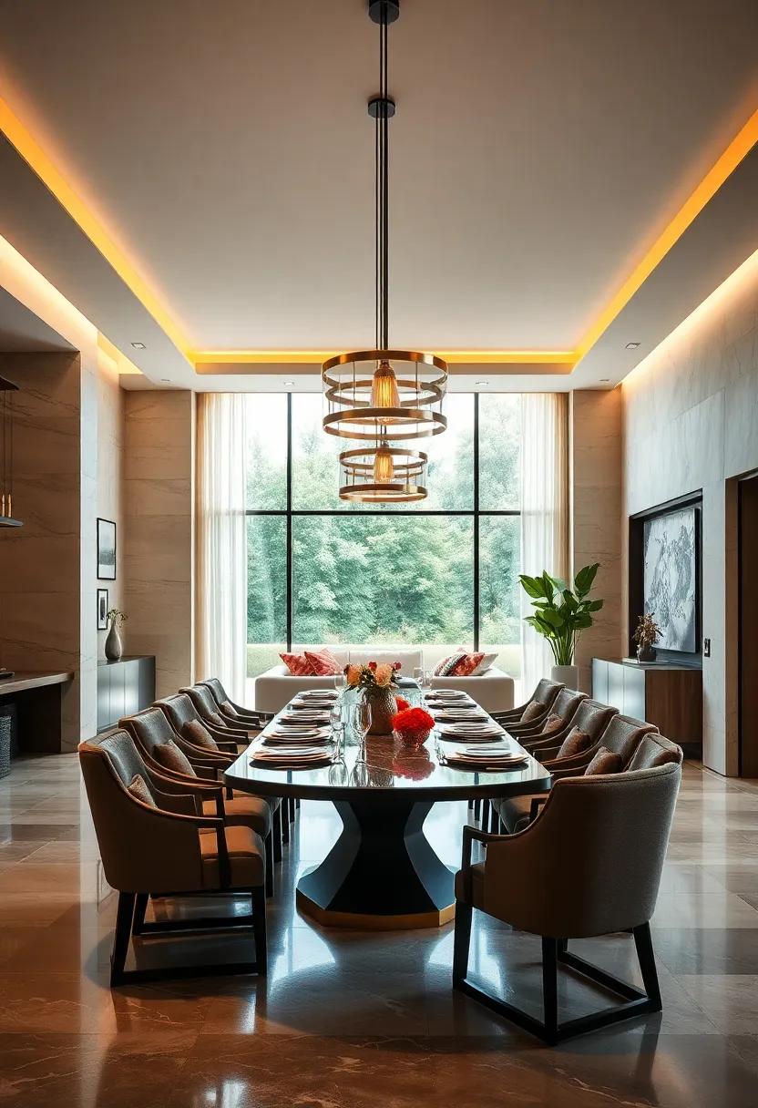 Dramatic Silhouettes Of Sculptural Light Installations Elevating The Elegance Of High Ceiling Dining Rooms