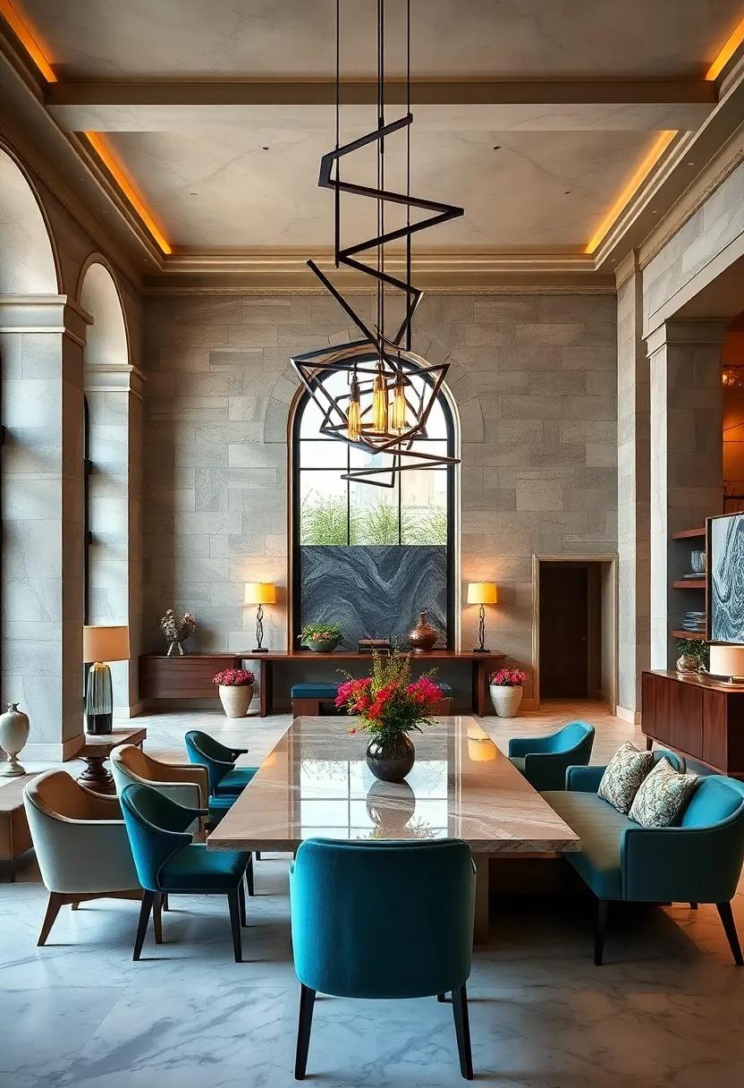 Bold Geometric Lighting Fixtures Contrasted Against Classic Architectural Details For Visual Impact