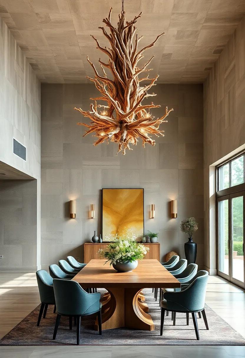 Organic Driftwood Chandelier Casting Intriguing Shadows Over Rustic Farmhouse Inspired Dining Spaces