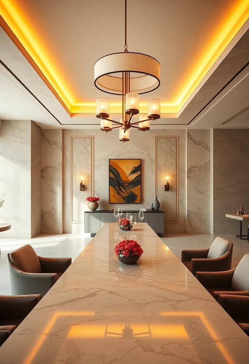 Golden Light Reflections Enhancing Marble Tabletops Under Luxe Contemporary Lighting Designs