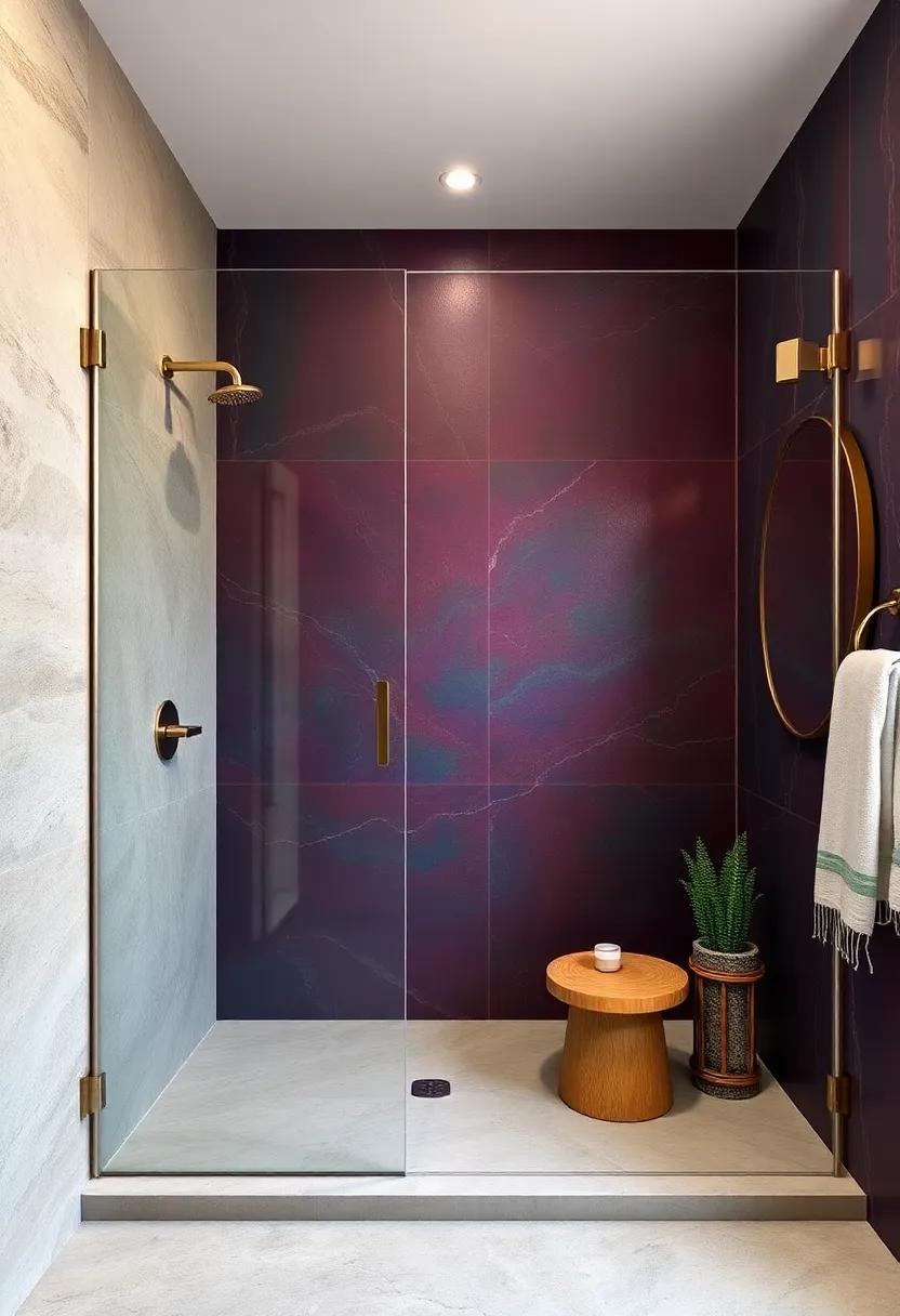 Bold Shower Walls Painted In Rich Jewel Tones Paired With Sleek Metallic Fixtures For a Regal Feel