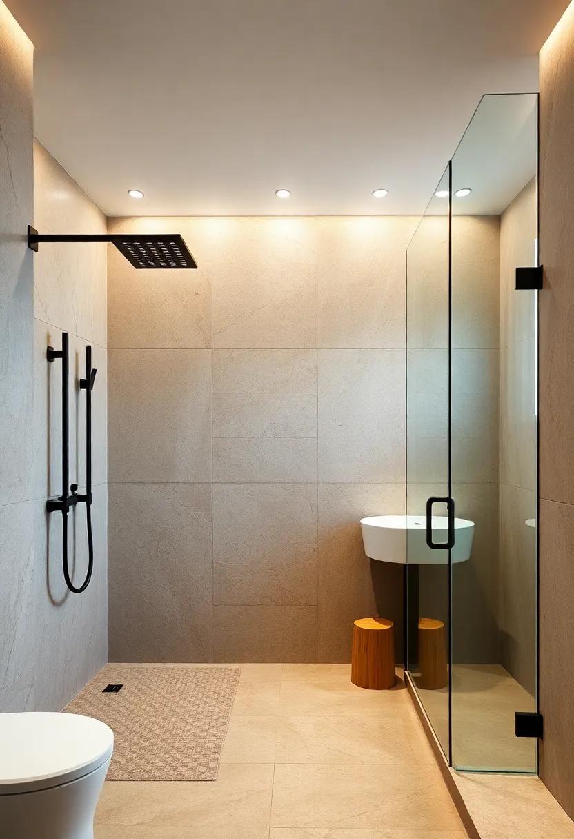 Contemporary Showers With Oversized Square Showerheads And Neutral Stone Surrounds For Modern Luxury