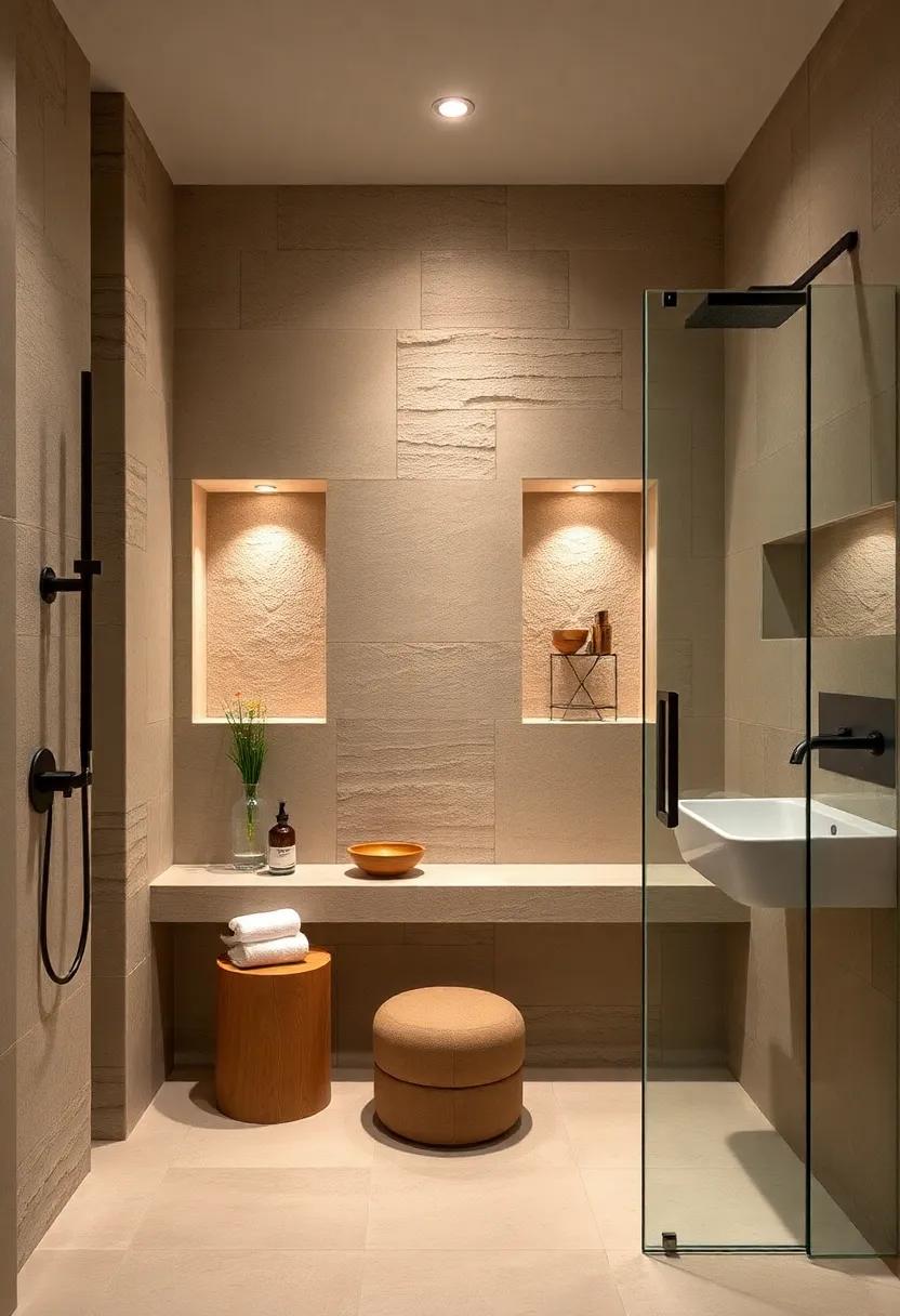 Cozy Shower Niches Featuring Earthy Stone Textures And Built-In LED Lights For Functional Elegance