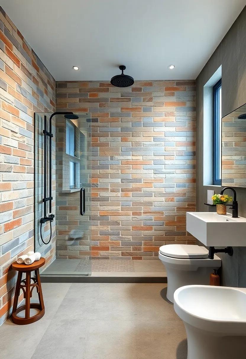 Industrial Style Showers Combining Matte Black Fixtures With Exposed Brick Walls And Concrete Floors