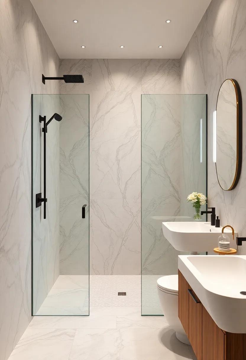 Intricate Patterned Tiles Surrounded By Neutral Marble For Showers That Balance Complexity With Simplicity