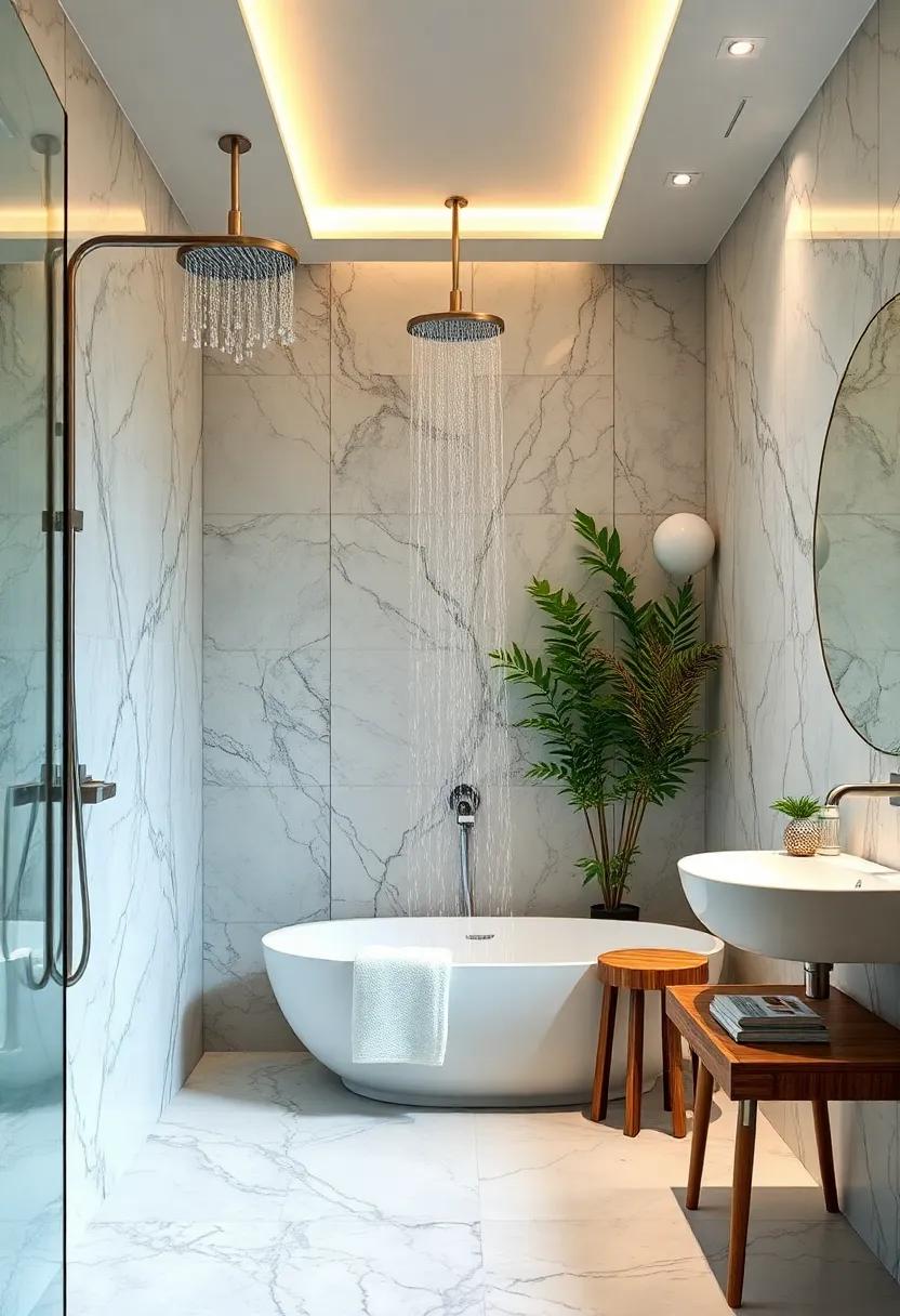 Luxurious Rainfall Showerheads Set Against Marble Walls With Greenery For A Spa-Like Atmosphere