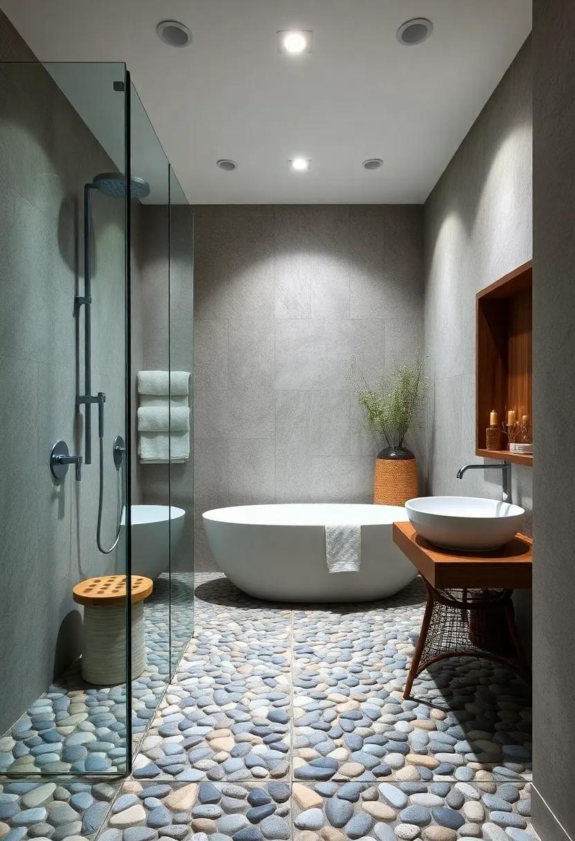 Nature-Inspired Shower Areas With Pebble Stone Flooring And Wood Accents Creating Zen-Like Tranquility