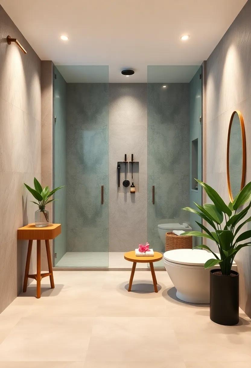 Open Concept Shower Areas With Frameless Glass Panels And Lush Indoor Plants Adding Freshness