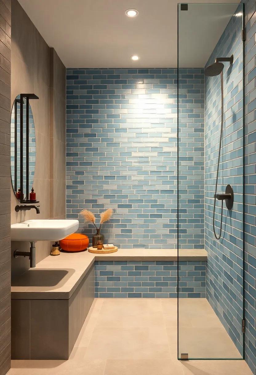 Serene Blue Tiled Showers With Curved Benches And Subtle Lighting To Inspire Calm Moments