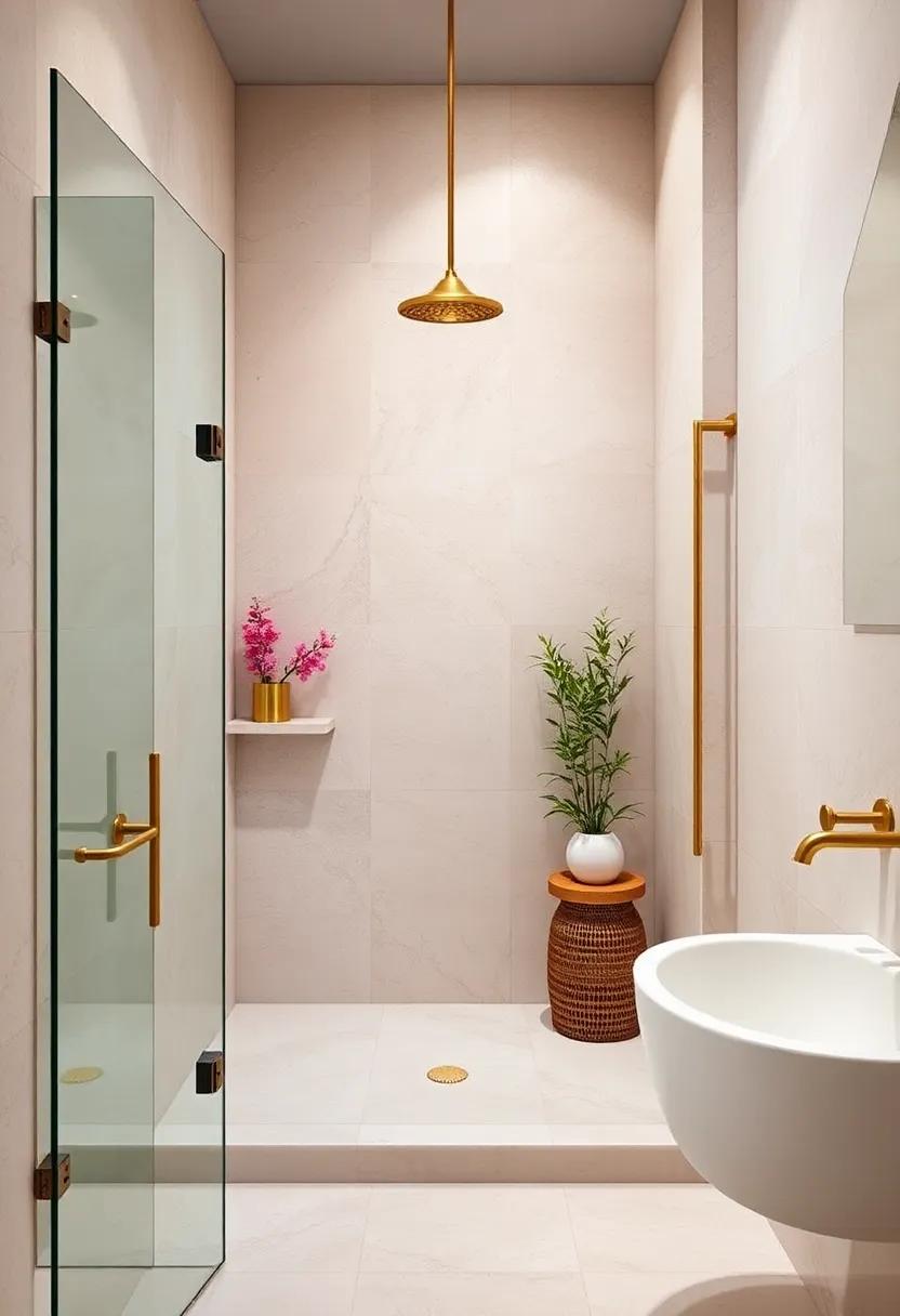 Soft Pastel Colored Shower Walls Paired With Vintage Brass Fixtures To Create A Romantic And Inviting Ambiance