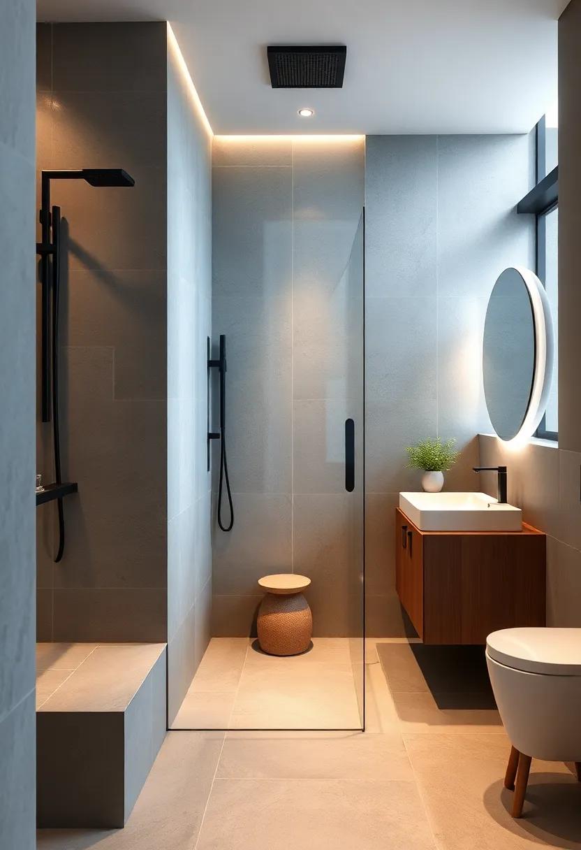Sophisticated Matte Grey Showers Featuring Built-In Storage And Integrated Lighting For Urban Elegance