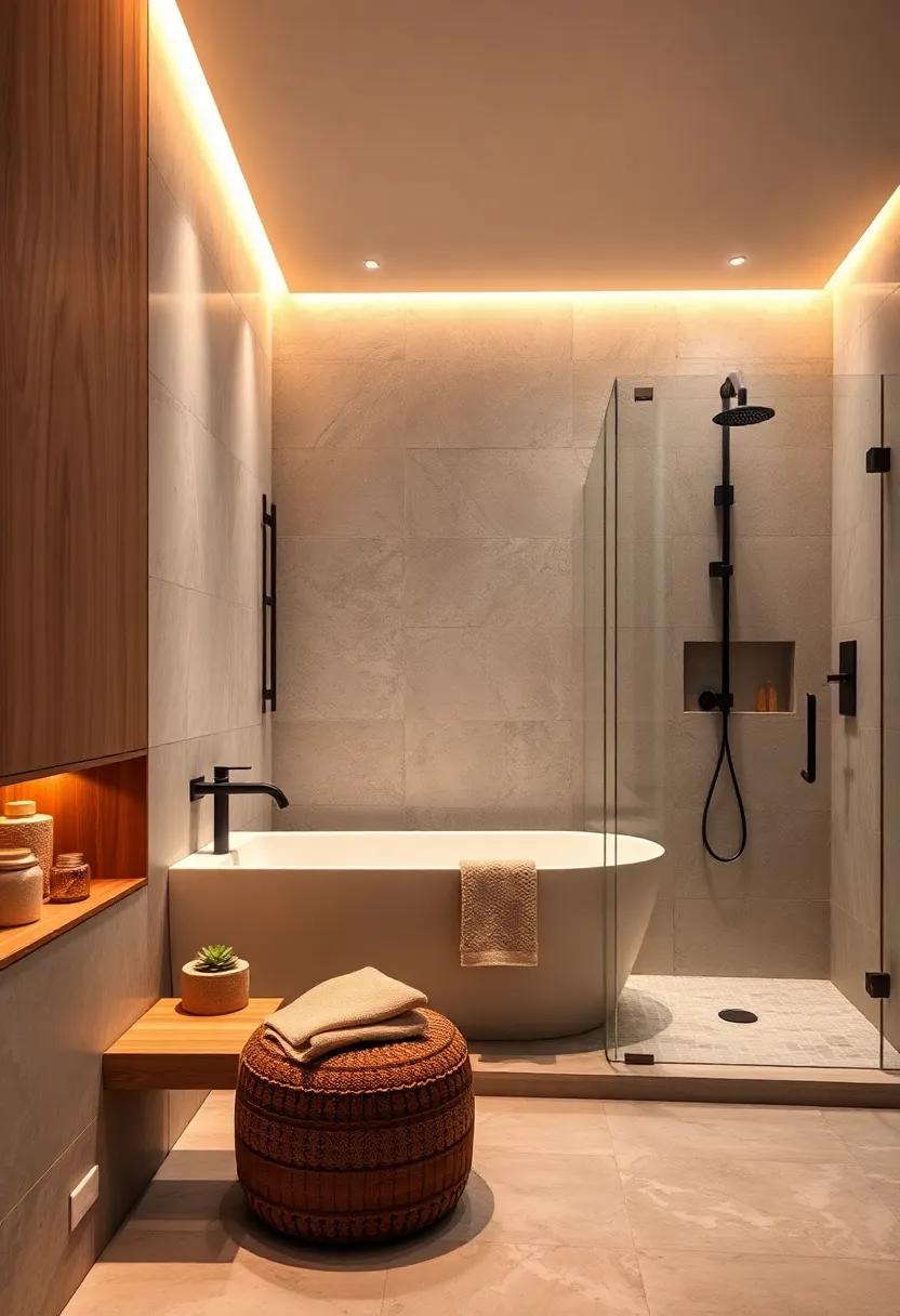 Tranquil Shower Spaces With Natural Wood Accents And Soft Ambient Lighting For A Serene Bathing Experience