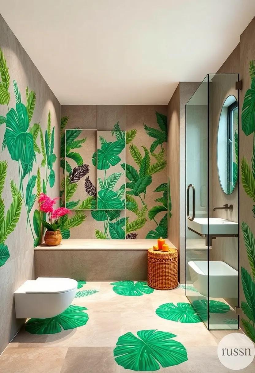 Tropical Shower Retreats With Vibrant Leaf Patterns And Natural Stone Floors Bringing Vacation Vibes Home