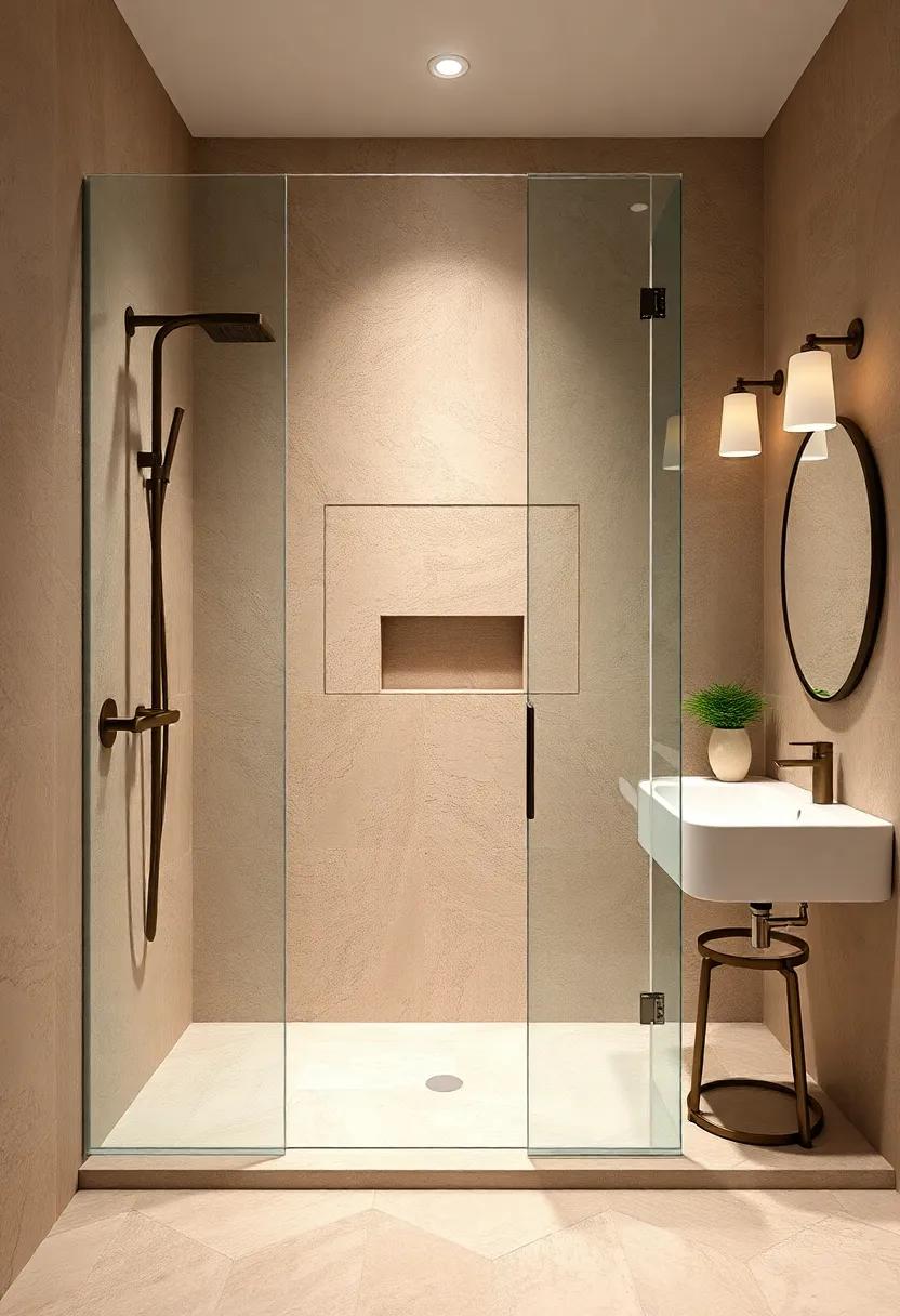 Warm Earth Tone Showers With Textured Walls And Brass Fixtures Invoking Cozy And Inviting Spaces