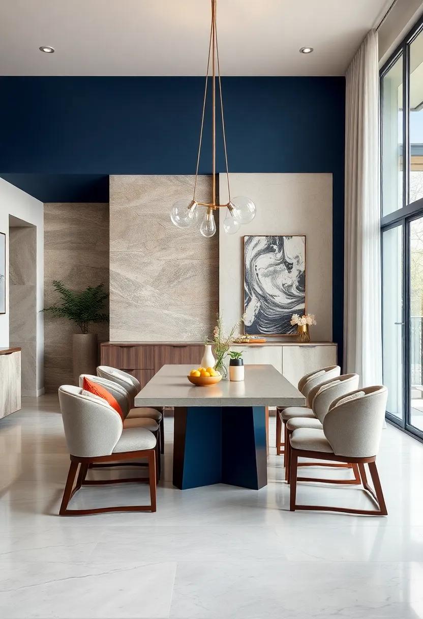Bold Use of Contrasting Colors Like Deep Navy and Crisp White Against Natural Textures and Clean Geometric Lines