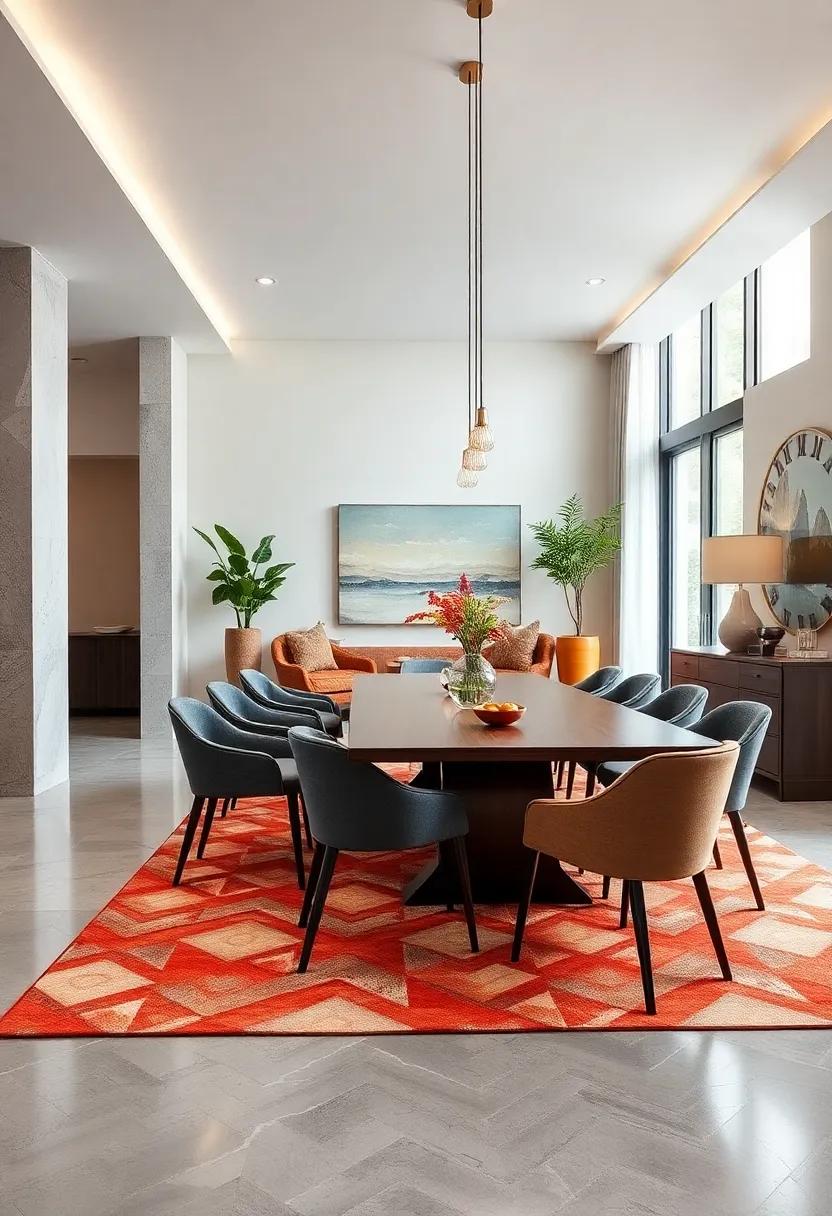 Harnessing the Drama of Bold Geometric Rugs Grounding the Dining Space With Pattern and Texture