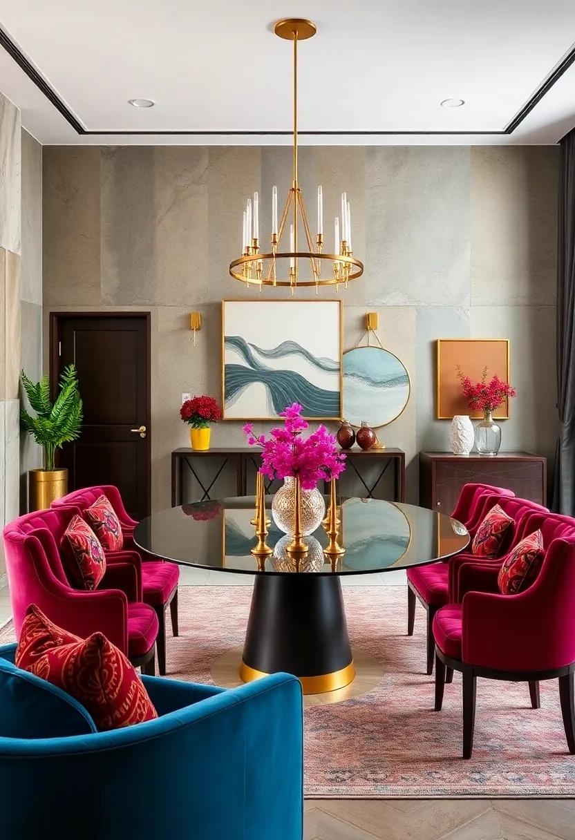 Luxurious Velvet Upholstery In Bold Jewel Tones Paired With Polished Brass Accents And Geometric Patterns