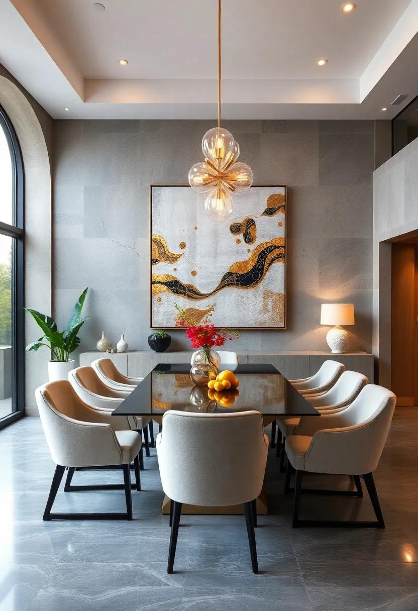 Statement Wall Art Showcasing Abstract Designs in Metallic Hues Complementing Luxe Dining Room Ambiance