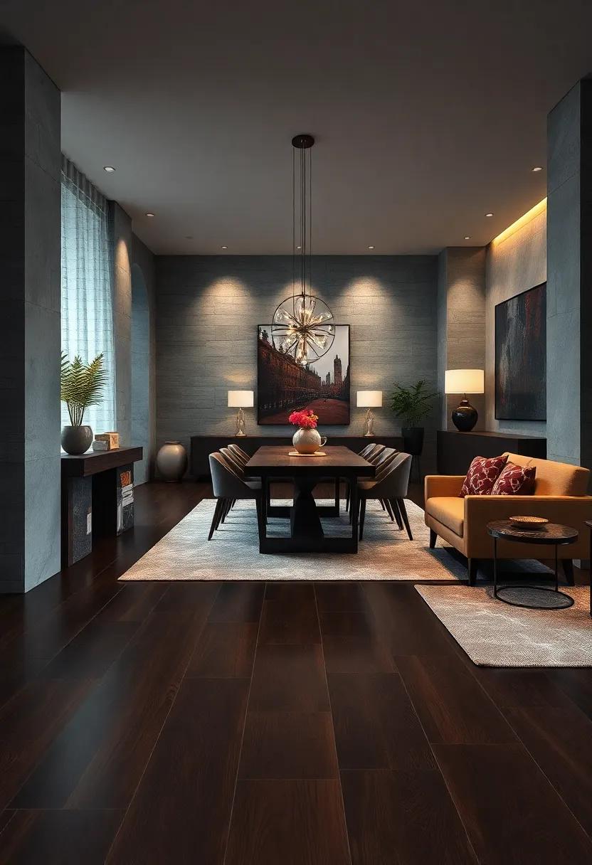 Dramatic Dark Wood Floors Enhanced by Reflective Metallic Rugs and Subtle Contrast in a Contemporary Atmosphere