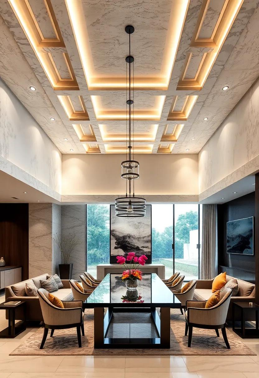 Elevated Ceiling Designs Featuring Coffered Elements and Integrated LED Strips Bringing Depth and Luxury