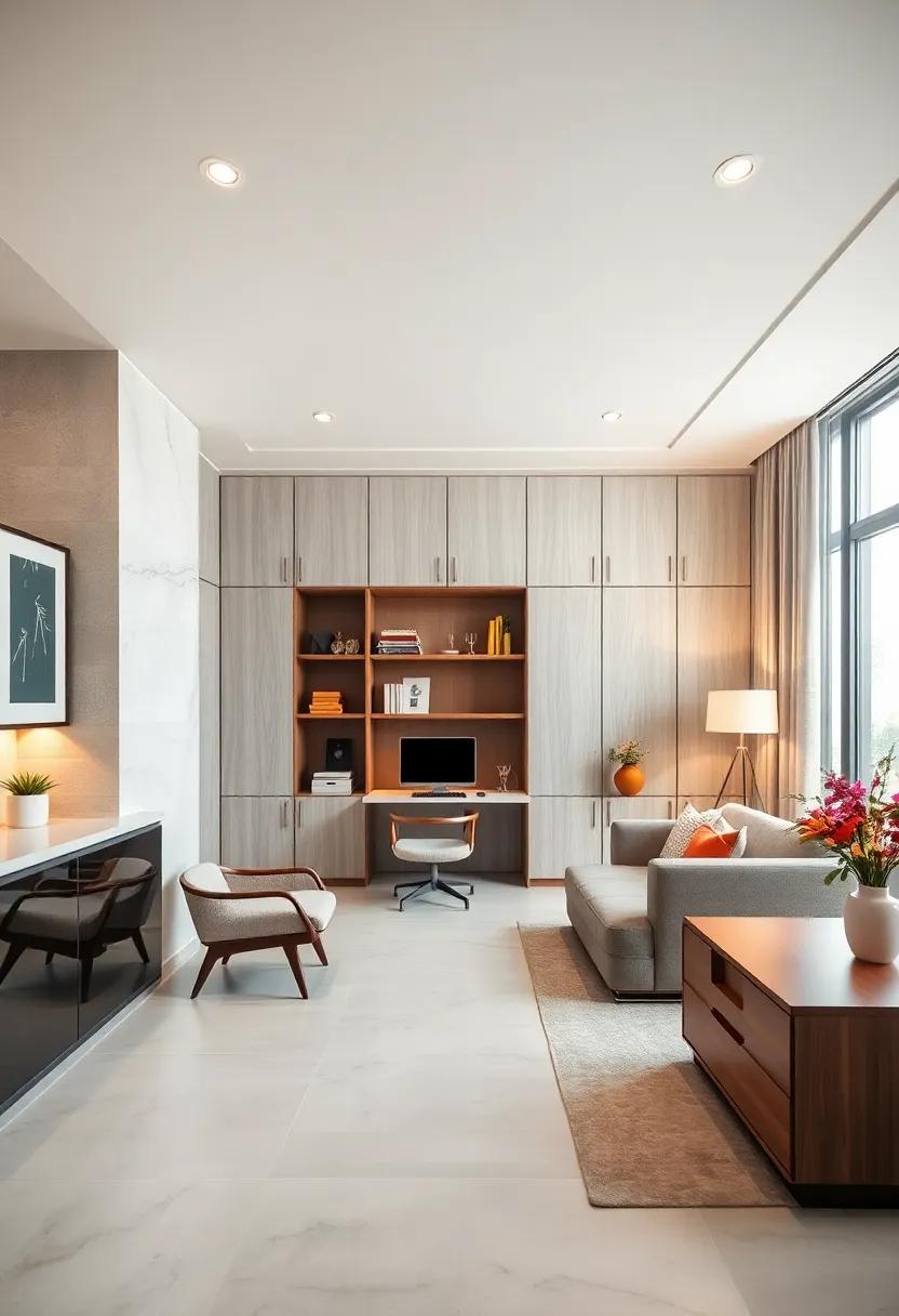 Visual Harmony Created By Integrating Hidden Storage Compartments Within A Minimalist Home Office Design