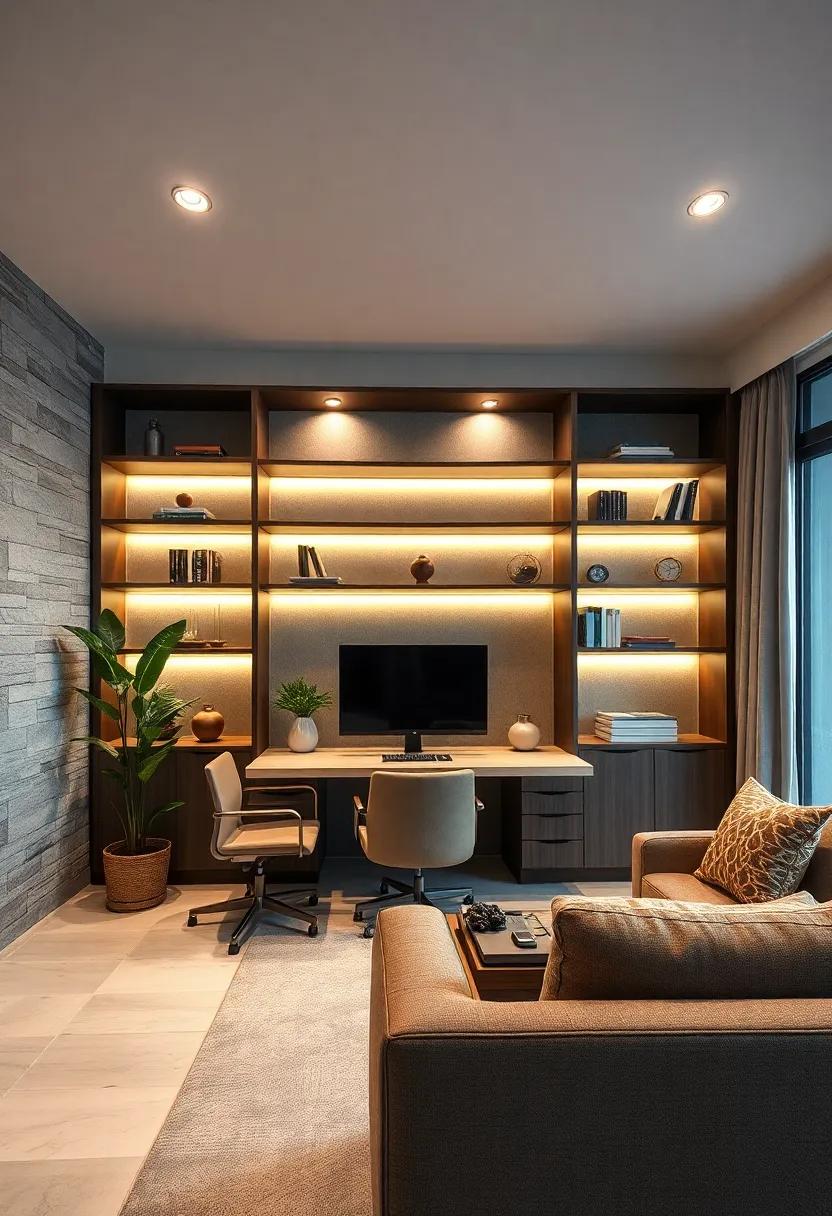 Ambient Lighting Fixtures Strategically Placed To Highlight Custom Shelving While Enhancing Focus And Mood