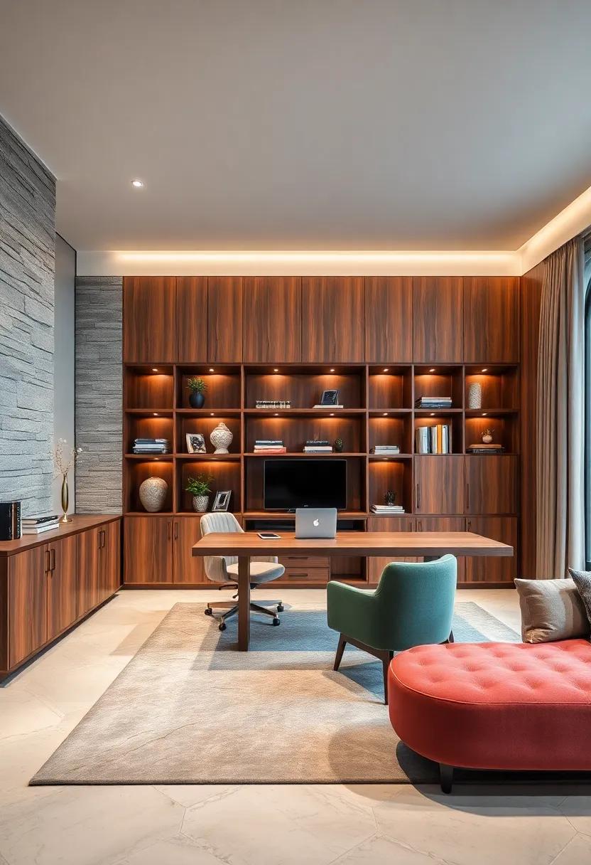 Statement Storage Wall Units Crafted From Rich Woods Paired With Metallic Accents For A Modern Office Look