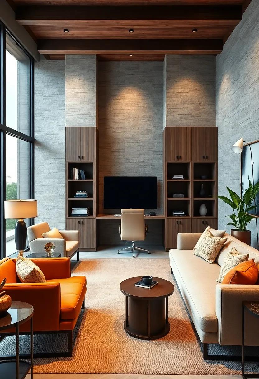 Textured Accent Walls Behind Custom Storage Panels Adding Depth And Character To The Workspace