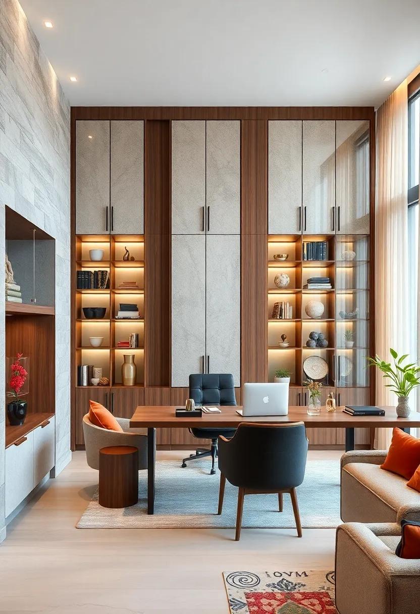 Mixed Material Storage Solutions Featuring Glass, Metal, And Wood Balancing Transparency And Privacy