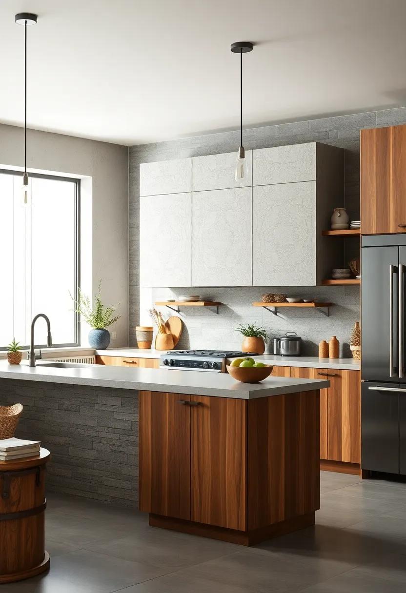 Mixed Material Cabinet Compositions Highlighting Concrete, Metal, and Wood Synergy