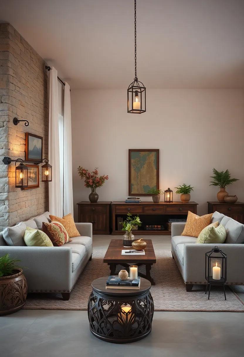 The Soft Glow of Vintage Lanterns Enhancing Rustic Antique Living Room Corners