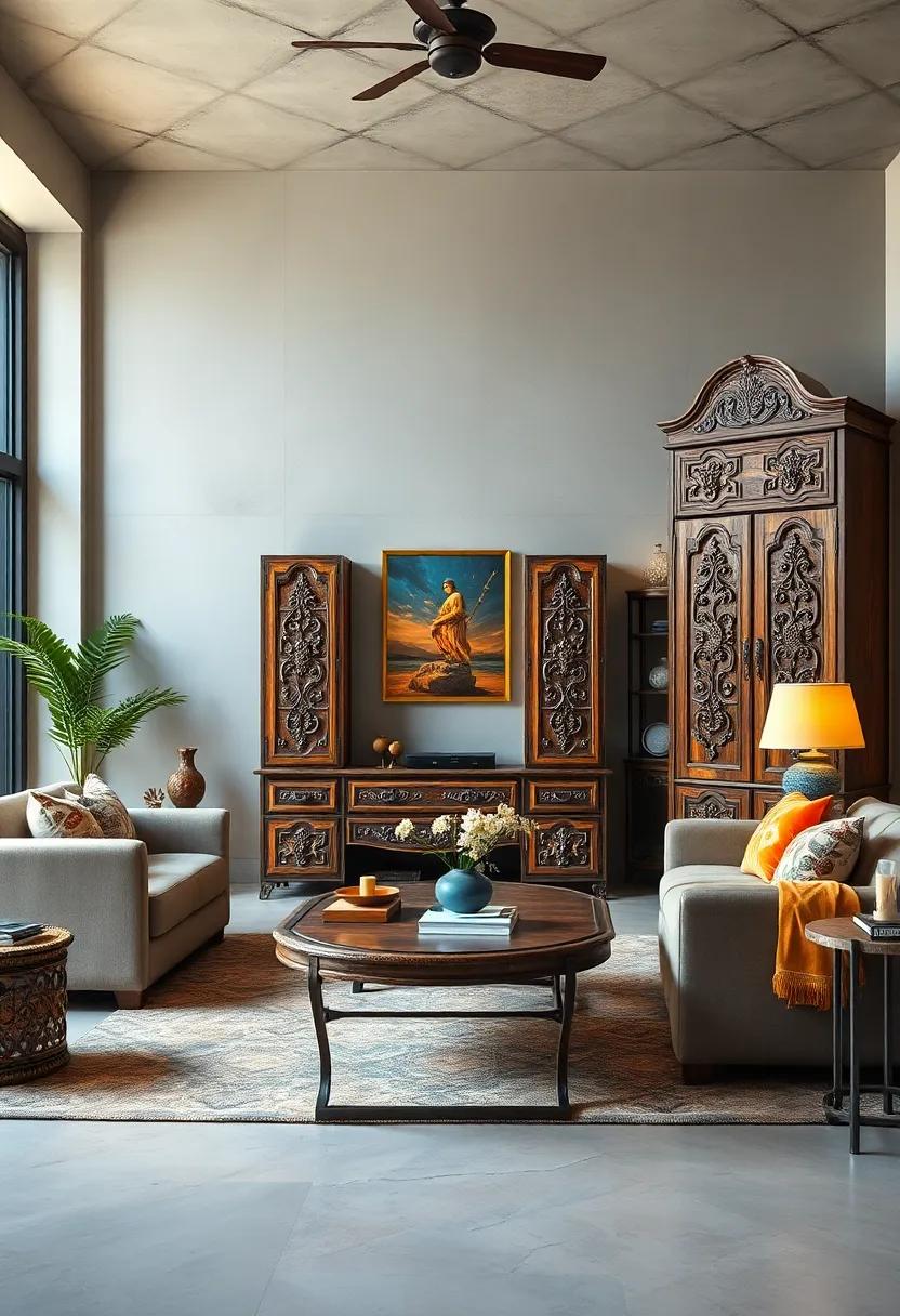 Intricate Carvings on Antique Rustic Cabinets Reflecting Timeless Craftsmanship