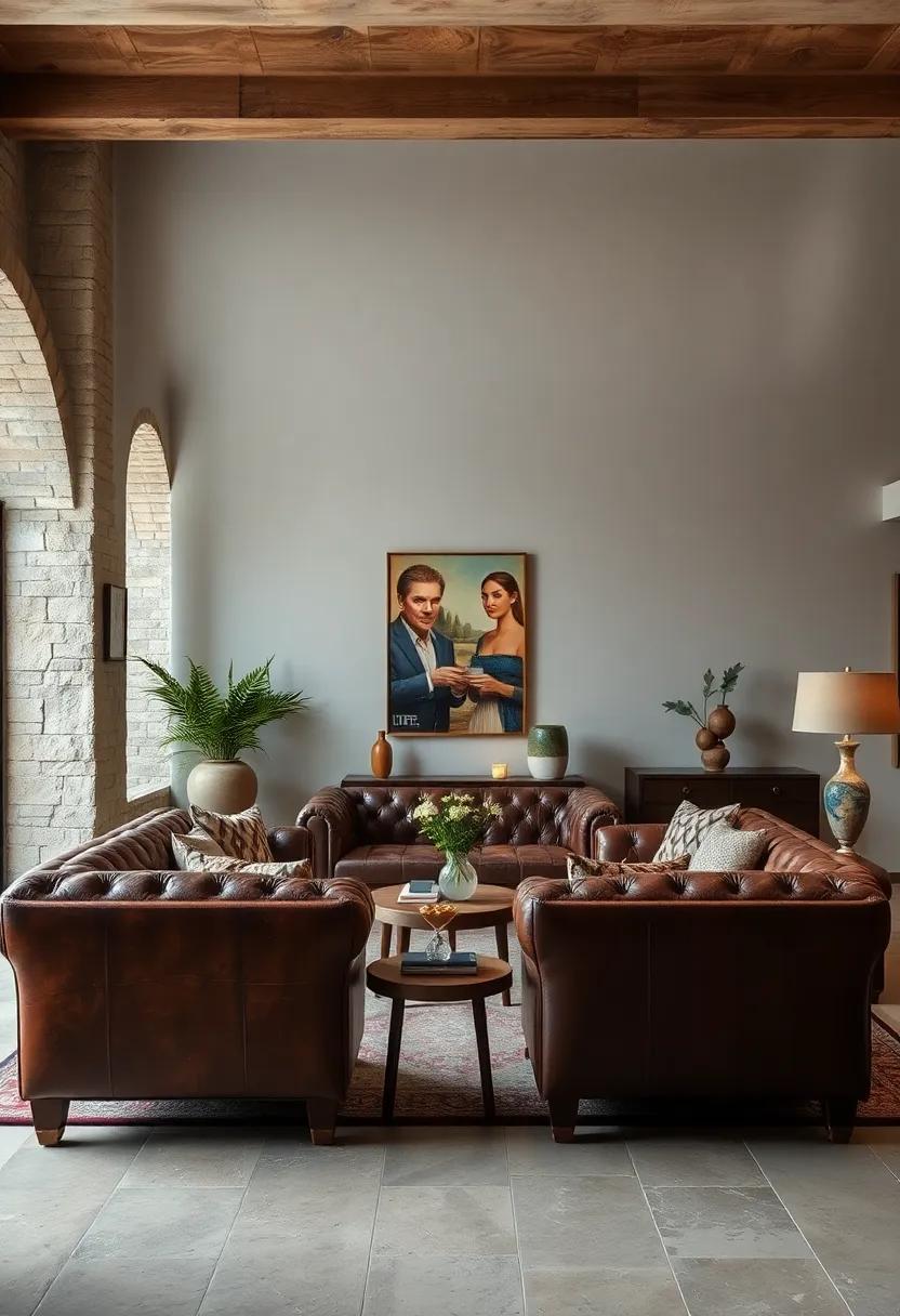 Aged Leather Sofas and Armchairs Anchoring the Living Room with Classic Comfort