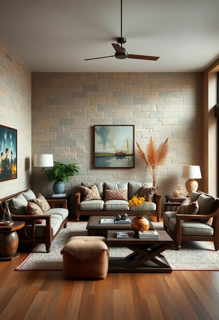 Warm Earth Tones Blending Seamlessly with Antique Wooden Furniture in a Cozy Living Room