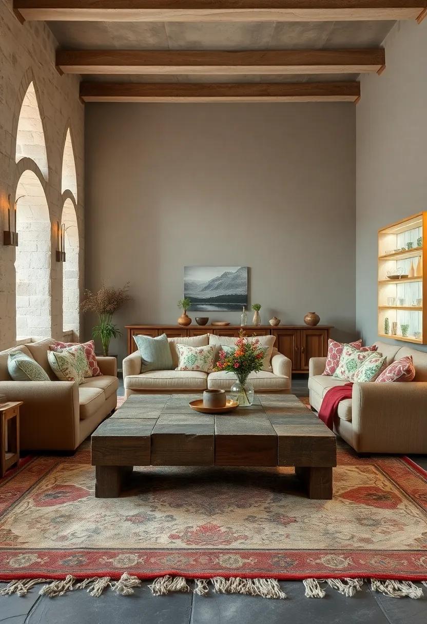 Worn Distressed Coffee Tables Surrounded by Soft Rugs and Patchwork Cushions