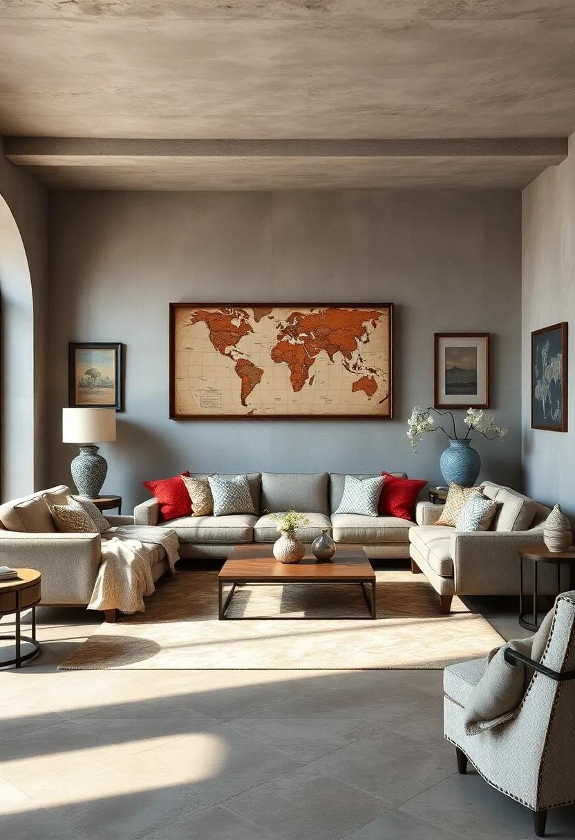 Old World Maps and Rustic Frames Adding Character to Living Room Walls